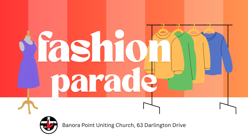 Fashion parade header image with dresses on a rack and Uniting Church logo